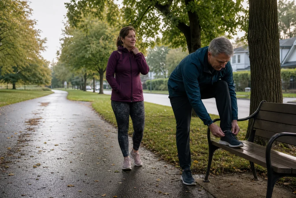 Two people preparing for an easy walk-run restart on a quiet park path.