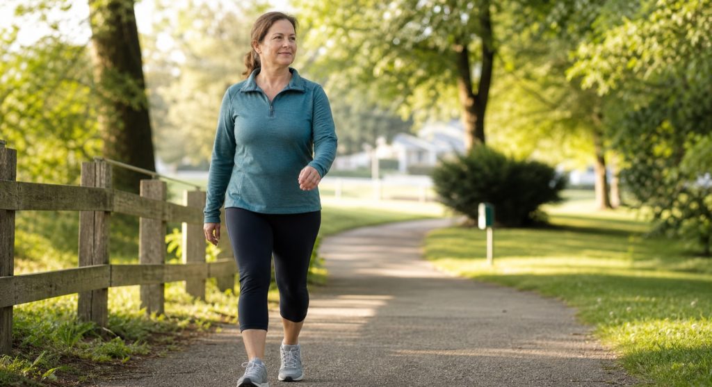 A woman walking on a quiet park path in soft morning light.